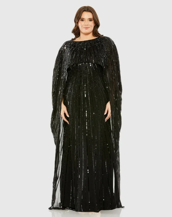 Women Mac Duggal Embellished Column Cape Dress Champagne Plus Size Dresses