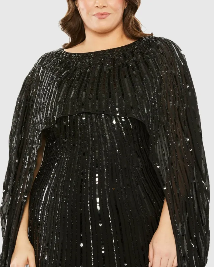 Women Mac Duggal Embellished Column Cape Dress Champagne Plus Size Dresses