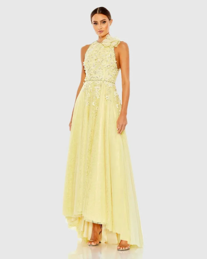 Women Mac Duggal Embellished High Neck Sleeveless A Line Gown Lemon Evening Gowns