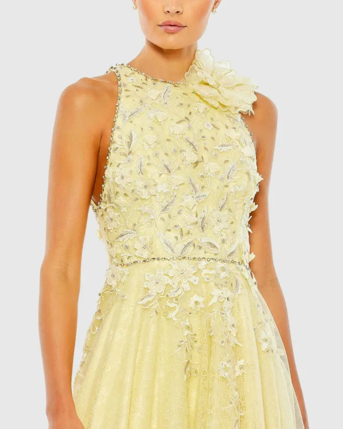 Women Mac Duggal Embellished High Neck Sleeveless A Line Gown Lemon Evening Gowns