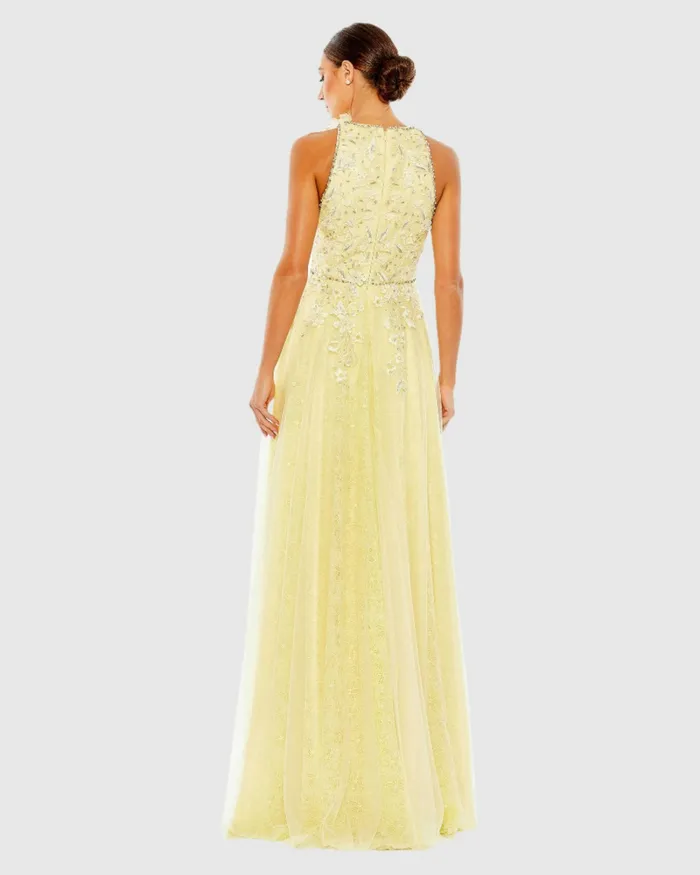 Women Mac Duggal Embellished High Neck Sleeveless A Line Gown Lemon Evening Gowns