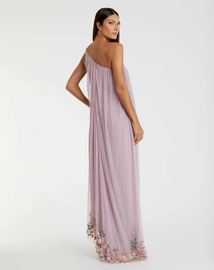 Women Mac Duggal One Shoulder Trapeze Embellished High Low Dress Orchid Multi Daytime Dresses