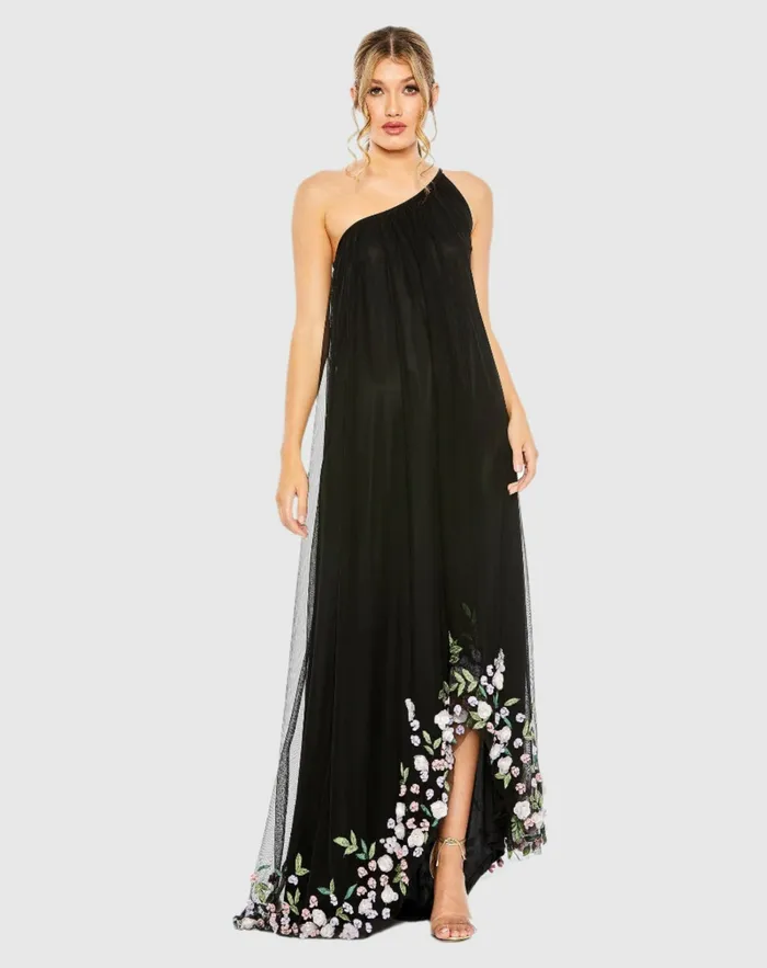 Women Mac Duggal One Shoulder Trapeze Embellished High Low Dress Orchid Multi Daytime Dresses