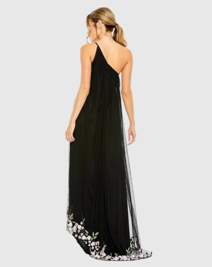 Women Mac Duggal One Shoulder Trapeze Embellished High Low Dress Orchid Multi Daytime Dresses
