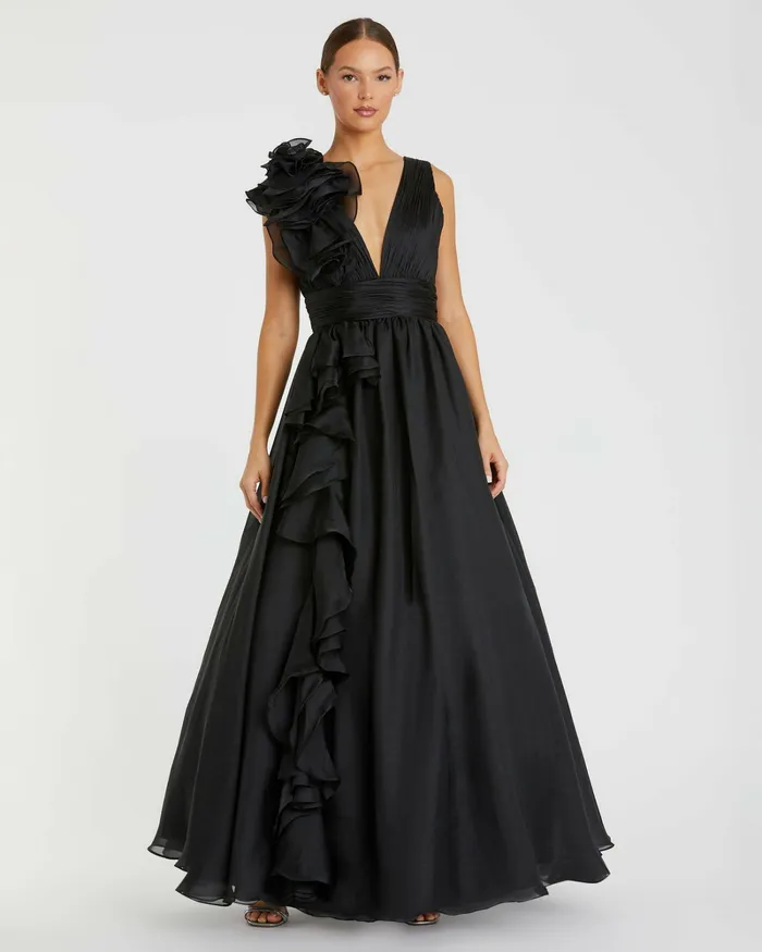 Women Mac Duggal Ruffle Detailed Evening Dress Black Best Sellers