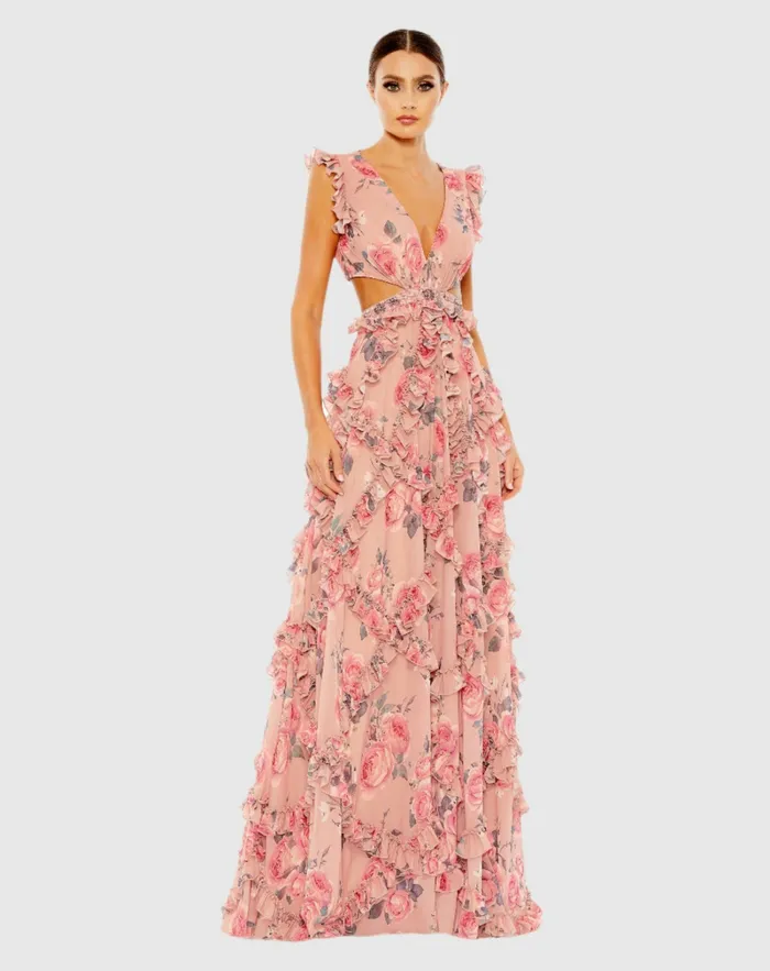 Women Mac Duggal Ruffled Cut Out Cap Sleeve V Neck Gown Rose Multi Evening Gowns