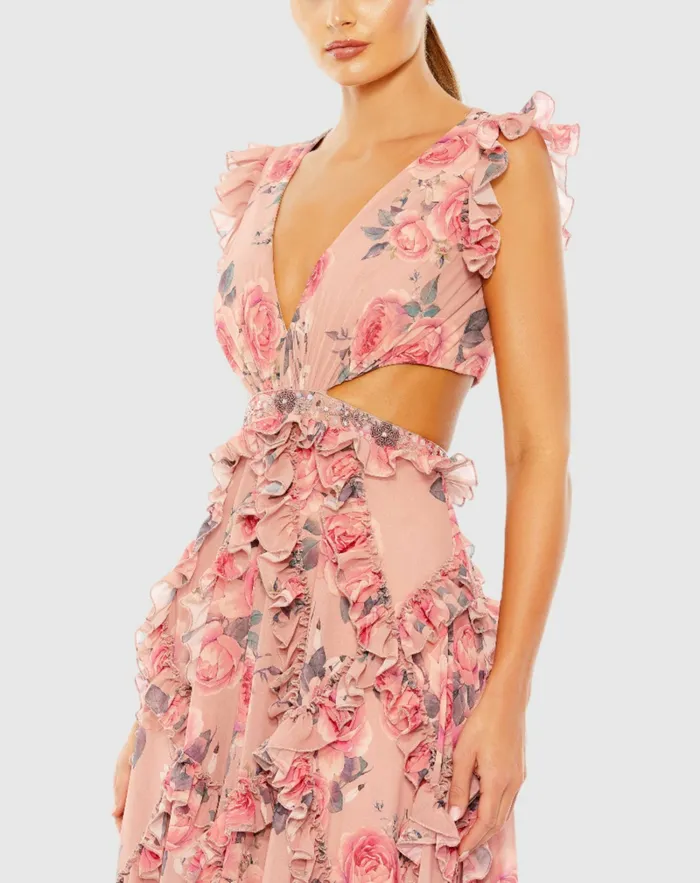 Women Mac Duggal Ruffled Cut Out Cap Sleeve V Neck Gown Rose Multi Evening Gowns