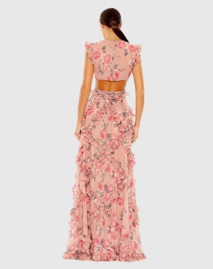 Women Mac Duggal Ruffled Cut Out Cap Sleeve V Neck Gown Rose Multi Evening Gowns