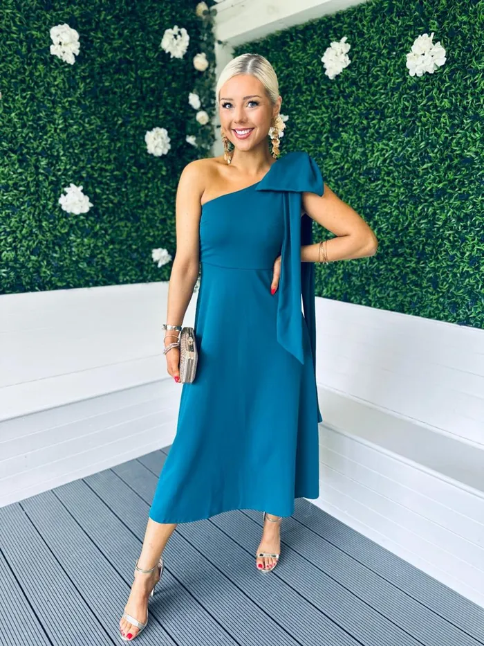 Women Maxi Canella Lane Chloe Bow Detail Occasion Dress Teal