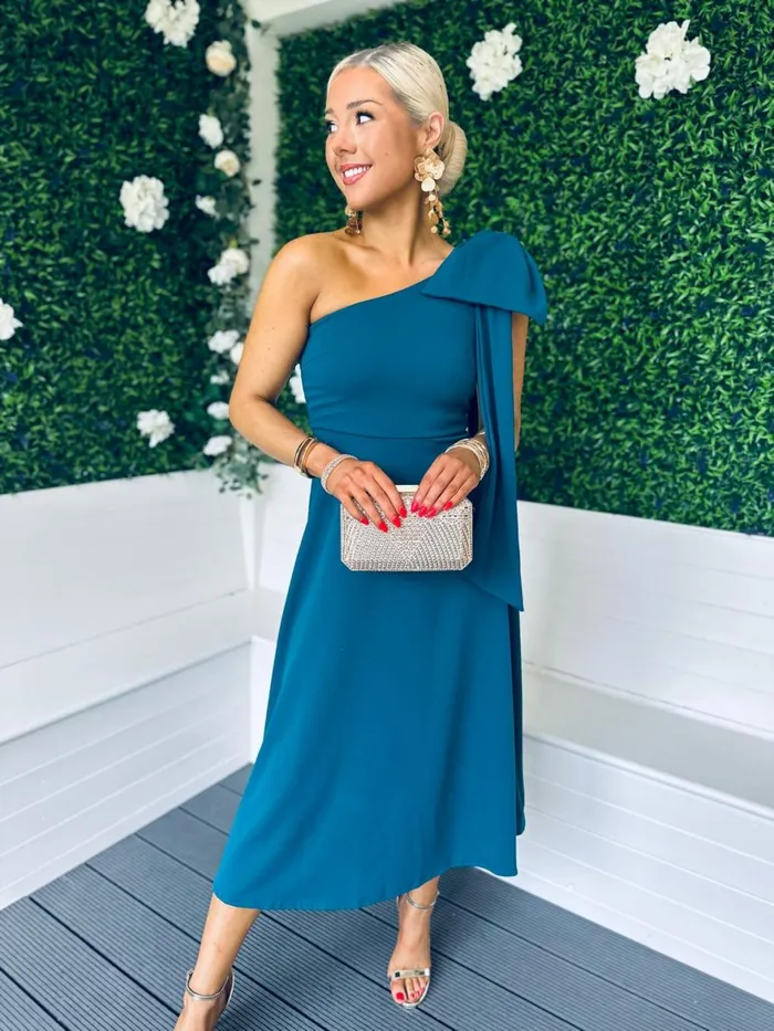 Women Maxi Canella Lane Chloe Bow Detail Occasion Dress Teal