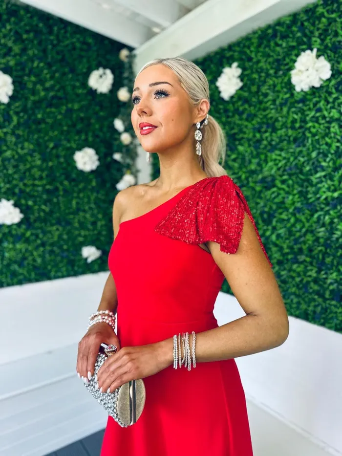 Women Maxi Canella Lane Emmy Occasion Dress Sequin Bow Detail Red