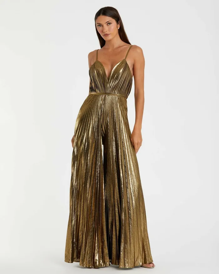Women Metallic Pleated VNeck Jumpsuit Antique Gold Jumpsuits and Rompers Mac Duggal