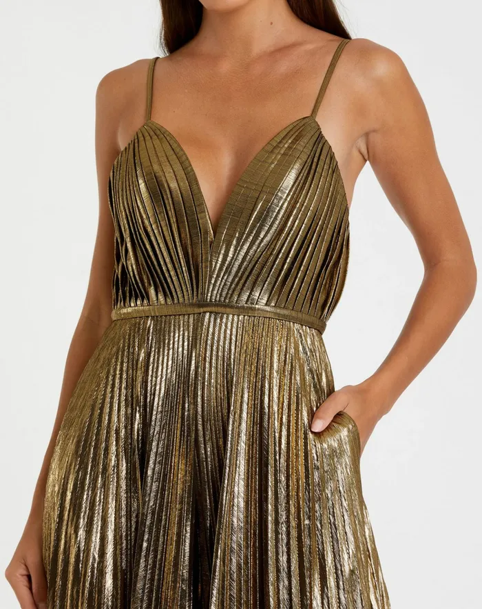 Women Metallic Pleated VNeck Jumpsuit Antique Gold Jumpsuits and Rompers Mac Duggal