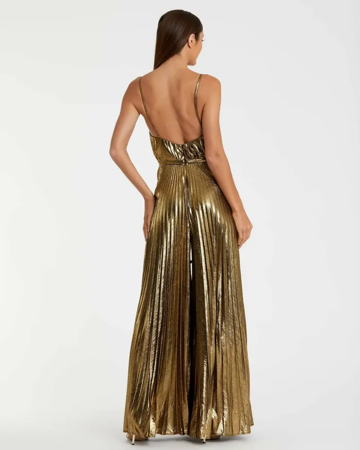 Women Metallic Pleated VNeck Jumpsuit Antique Gold Jumpsuits and Rompers Mac Duggal