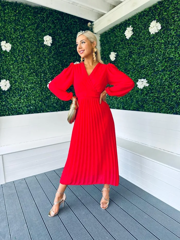 Women Midi Canella Lane Caoimhe Pleated Midi Dress Red