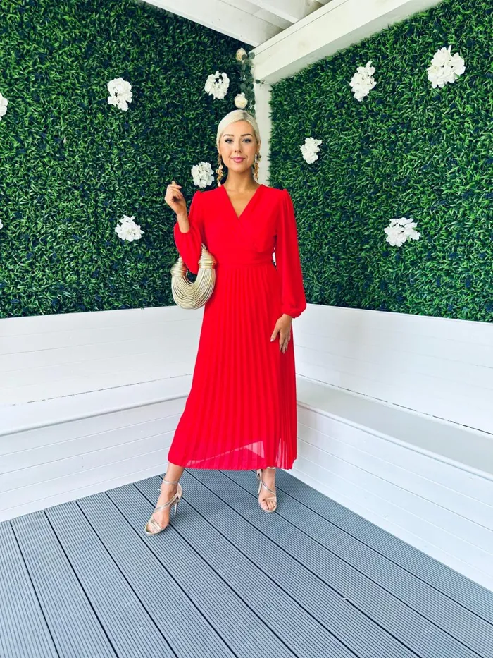Women Midi Canella Lane Caoimhe Pleated Midi Dress Red