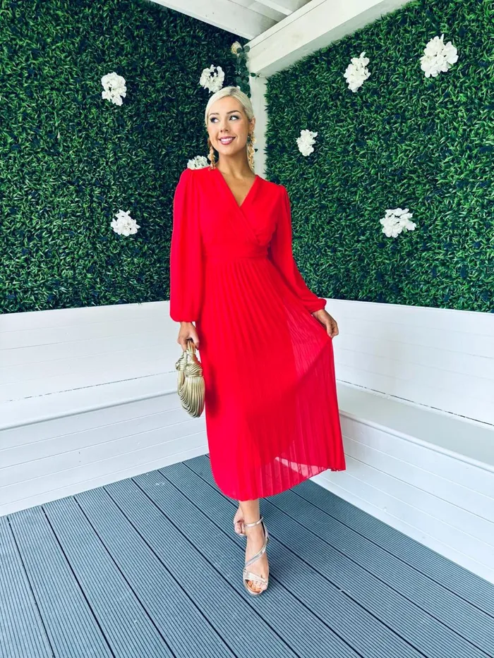 Women Midi Canella Lane Caoimhe Pleated Midi Dress Red
