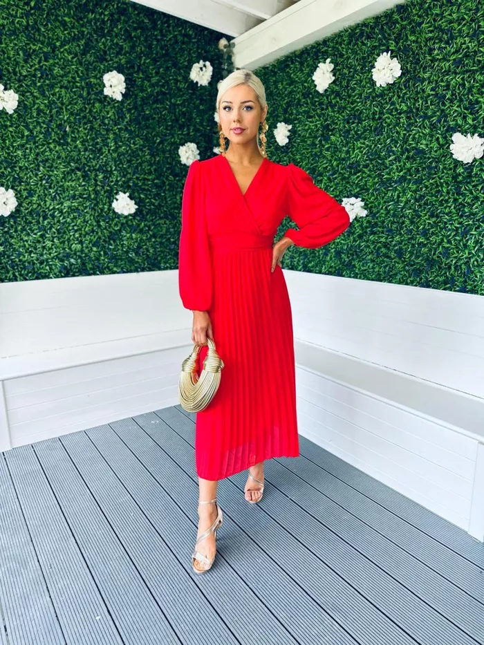 Women Midi Canella Lane Caoimhe Pleated Midi Dress Red