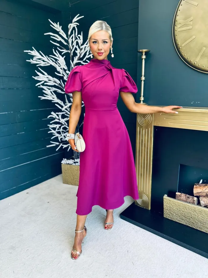 Women Midi Canella Lane Claudia Detailed Occasion Dress Berry