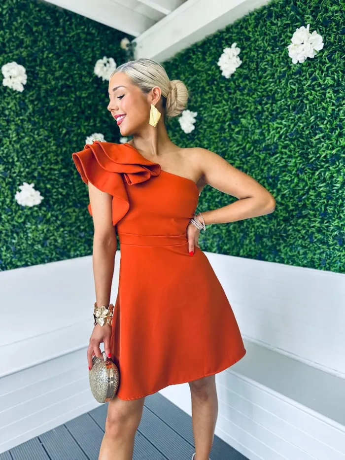 Women Mini Canella Lane Penelope Occasion Mini Dress Burnt Orange