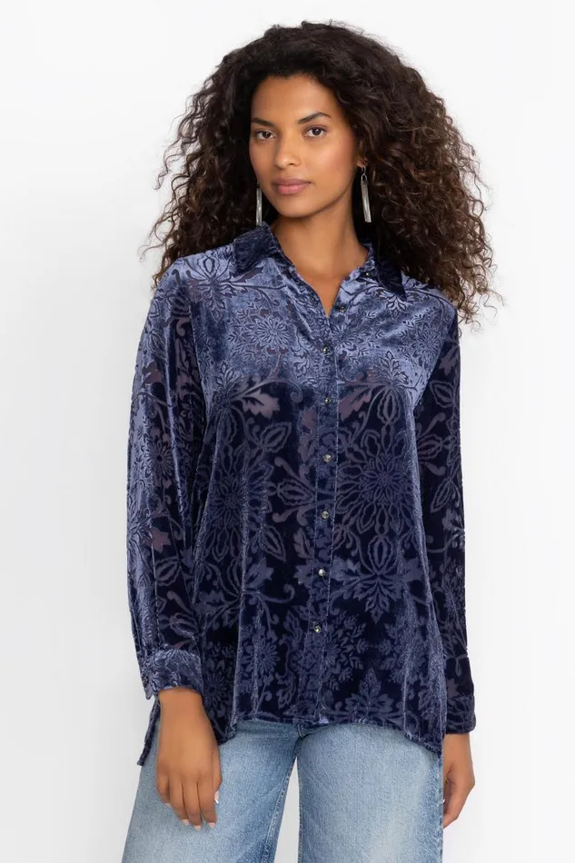 Women Petites Johnny Was MISTY LONG SLEEVE BUTTON DOWN SHIRT Sapphire Blue