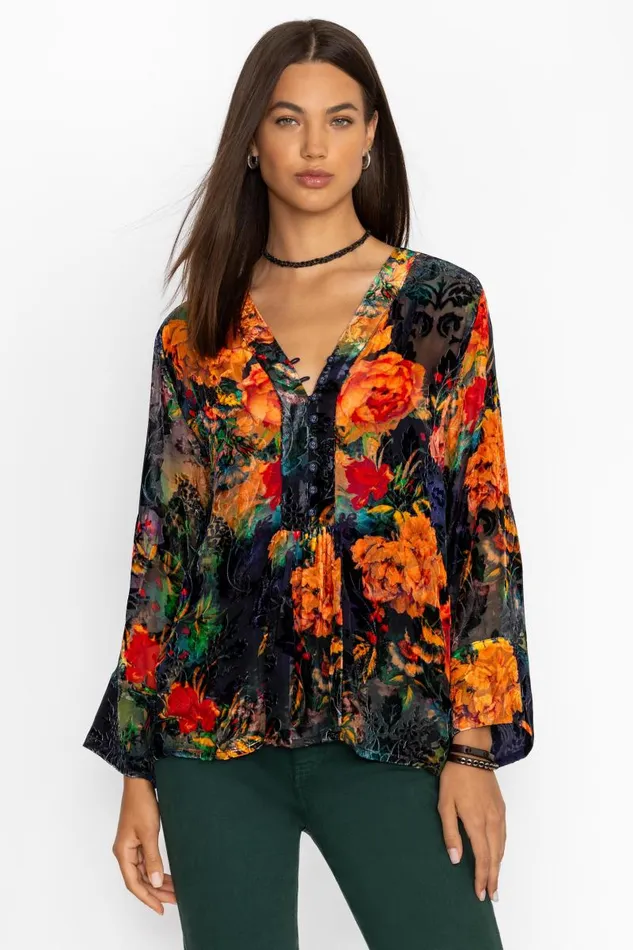 Women Plus Size Johnny Was BOTINA BURNOUT BLOUSE Catalina Blue Burnout