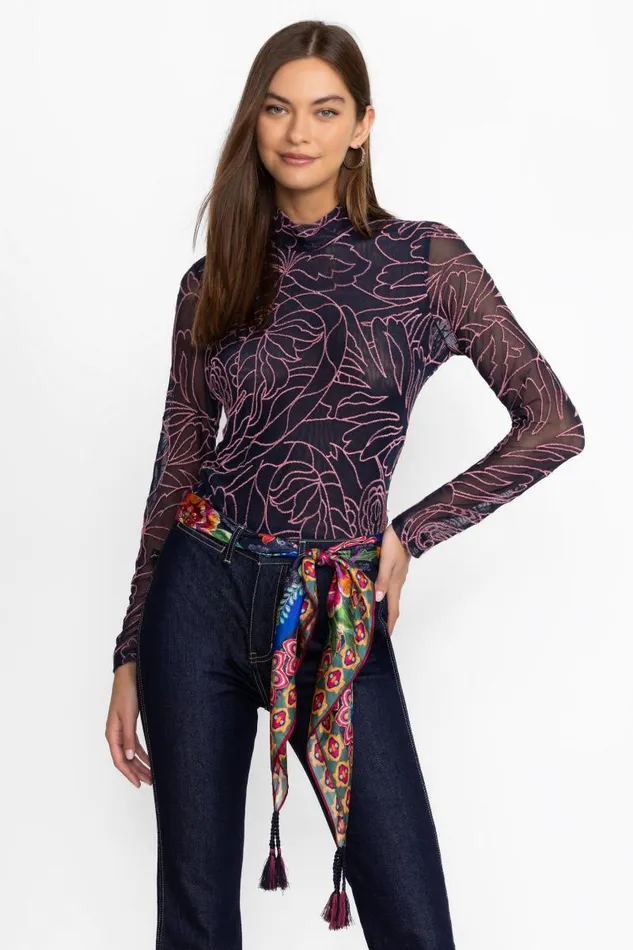 Women Plus Size Johnny Was REBECCA MESH MOCK NECK LONG SLEEVE TEE Sapphire Blue Women Plus Size Johnny Was REBECCA MESH MOCK NECK LONG SLEEVE TEE Sapphire Blue