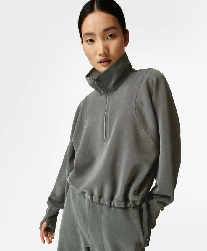 Women Sand Wash Half Zip Sweatshirt Charcoal Grey Jumpers Hoodies Sweaty Betty