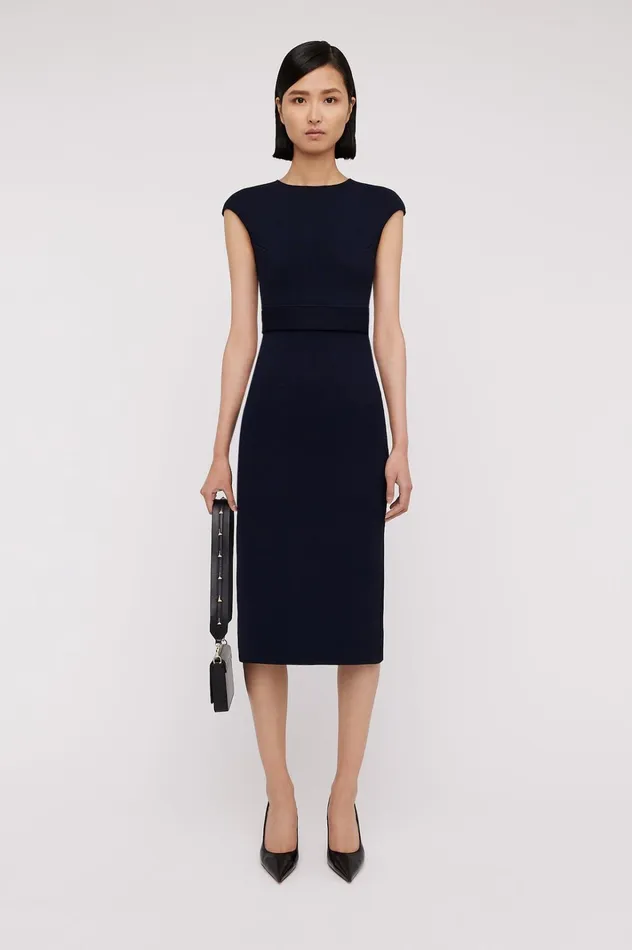 Women Scanlan Theodore Dresses CREPE KNIT CAP SLEEVE DRESS Navy