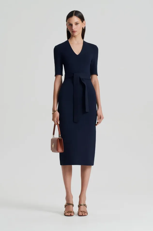 Women Scanlan Theodore Dresses CREPE KNIT V NECK DRESS Navy