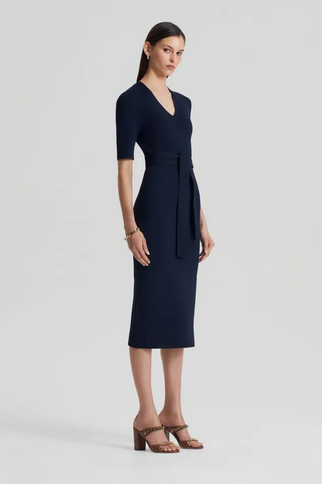 Women Scanlan Theodore Dresses CREPE KNIT V NECK DRESS Navy