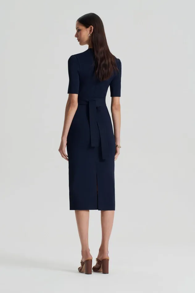 Women Scanlan Theodore Dresses CREPE KNIT V NECK DRESS Navy