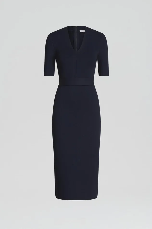 Women Scanlan Theodore Dresses CREPE KNIT V NECK DRESS Navy