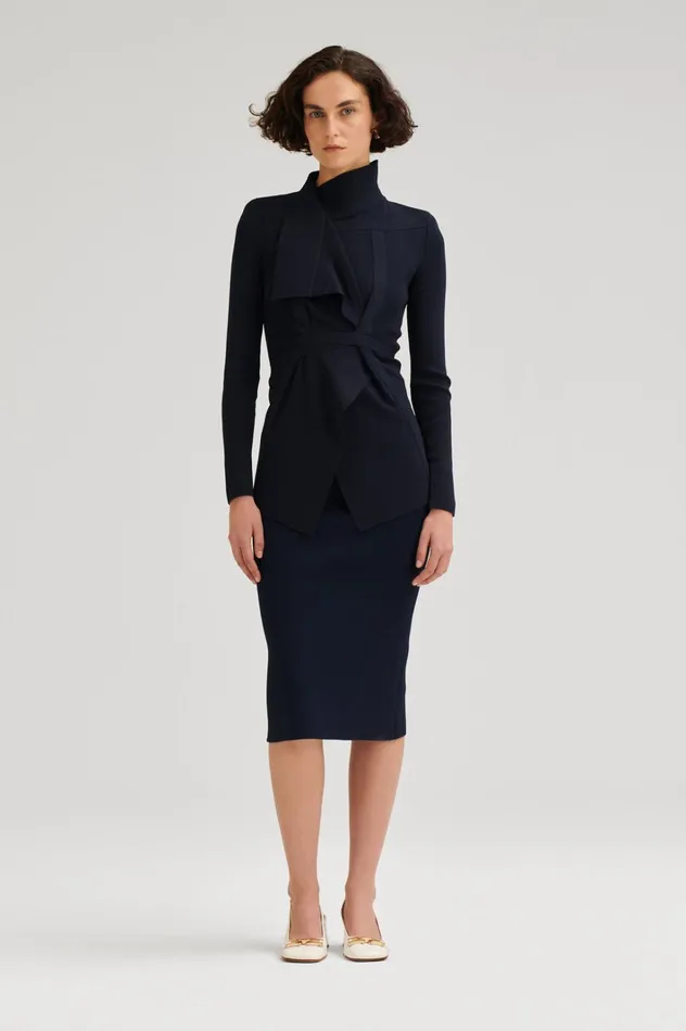 Women Scanlan Theodore Jackets CREPE KNIT DRAPE FRONT JACKET Navy