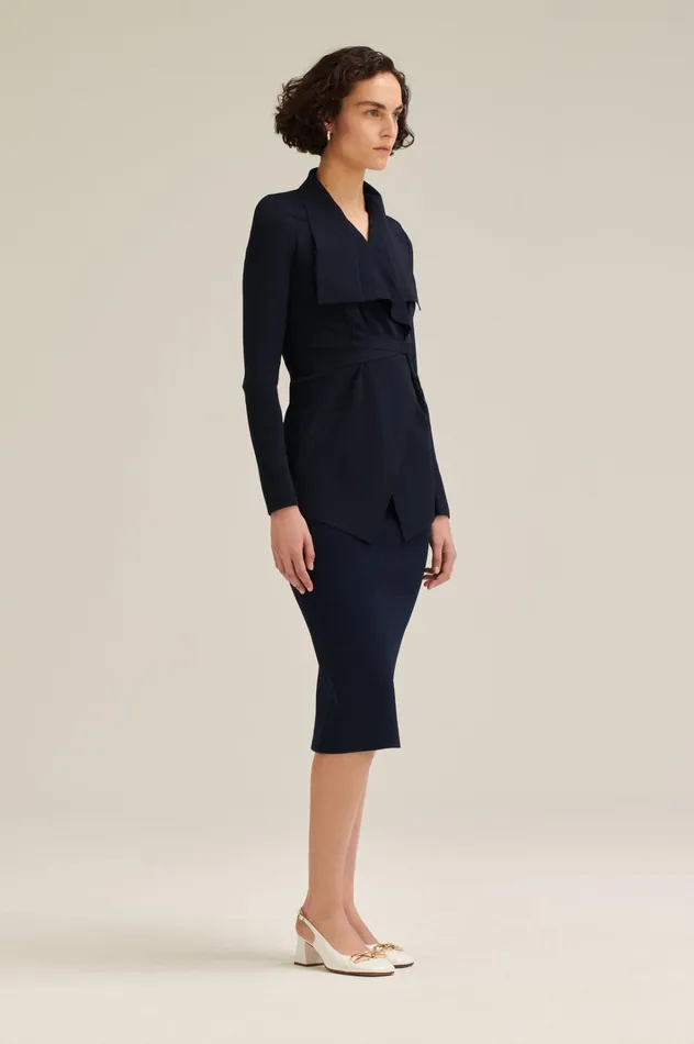 Women Scanlan Theodore Jackets CREPE KNIT DRAPE FRONT JACKET Navy Women Scanlan Theodore Jackets CREPE KNIT DRAPE FRONT JACKET Navy