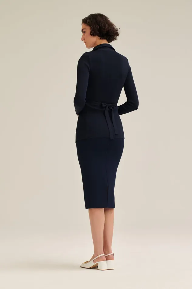 Women Scanlan Theodore Jackets CREPE KNIT DRAPE FRONT JACKET Navy Women Scanlan Theodore Jackets CREPE KNIT DRAPE FRONT JACKET Navy