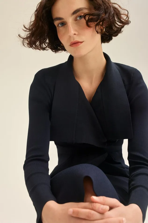Women Scanlan Theodore Jackets CREPE KNIT DRAPE FRONT JACKET Navy Women Scanlan Theodore Jackets CREPE KNIT DRAPE FRONT JACKET Navy