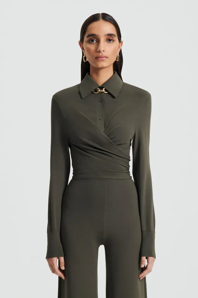 Women Scanlan Theodore Tops MICRO CREPE WRAP SHIRT Safari Women Scanlan Theodore Tops MICRO CREPE WRAP SHIRT Safari
