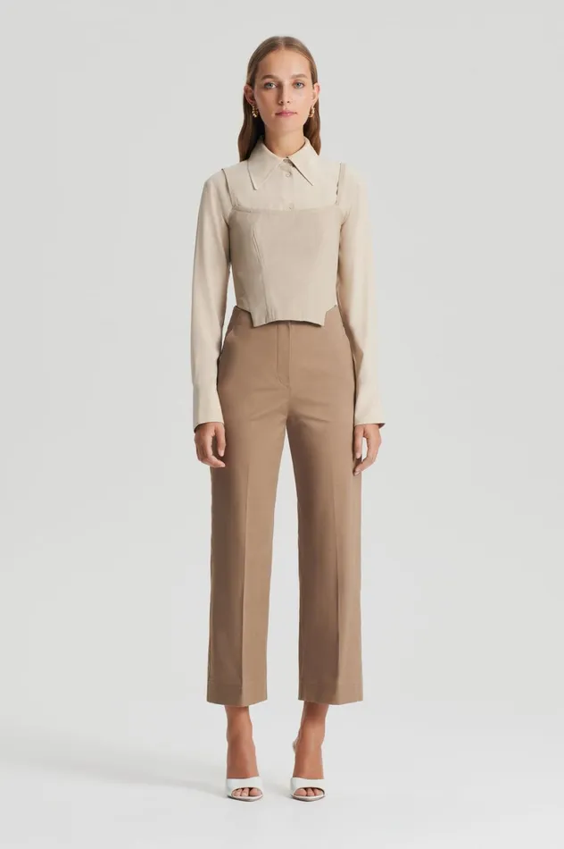Women Scanlan Theodore Trousers SATEEN CROPPED WIDE LEG TROUSER Darkcamel
