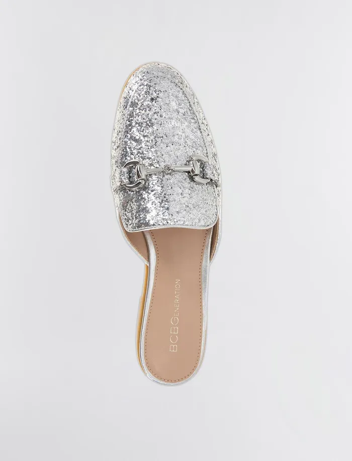 Women Shoes BCBG Silver Glitter Zorie Loafer Mule Silver Rock Glitter