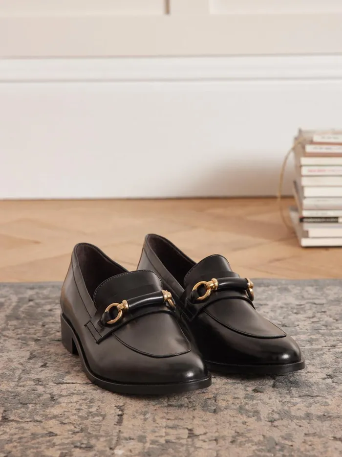 Women Shoes Cyrillus Bejeweled Leather Loafers Noir
