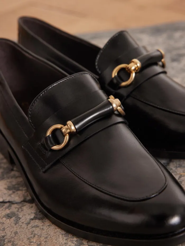 Women Shoes Cyrillus Bejeweled Leather Loafers Noir