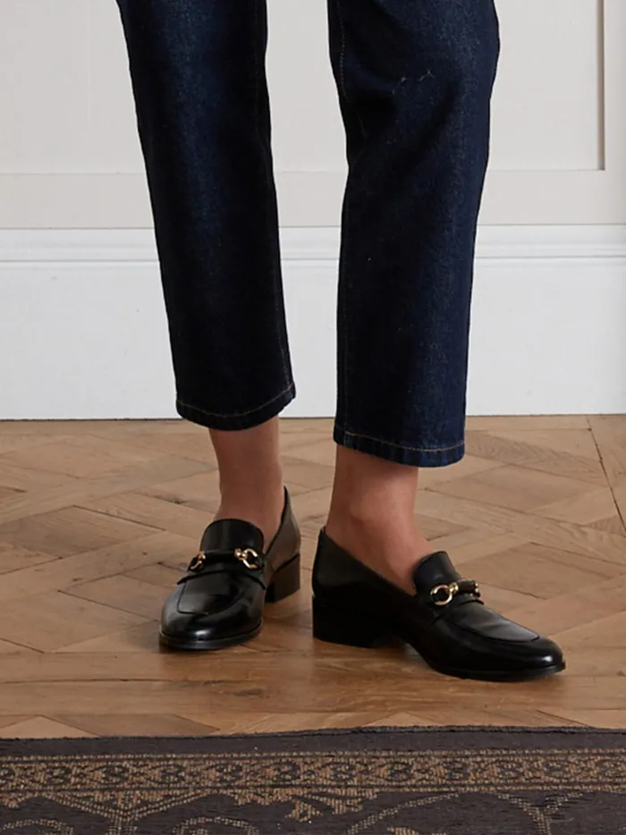 Women Shoes Cyrillus Bejeweled Leather Loafers Noir
