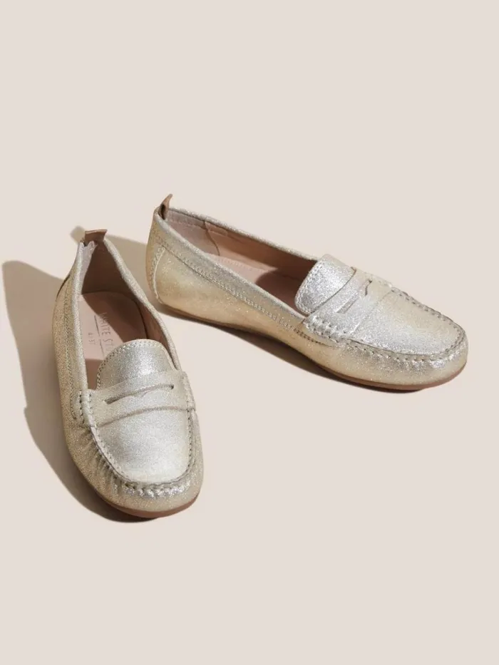 Women SHOES White Stuff Leather Driving Moccasin Gold Tone Metallic