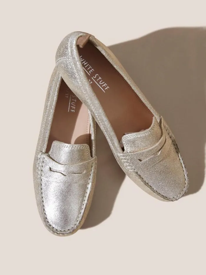 Women SHOES White Stuff Leather Driving Moccasin Gold Tone Metallic Women SHOES White Stuff Leather Driving Moccasin Gold Tone Metallic
