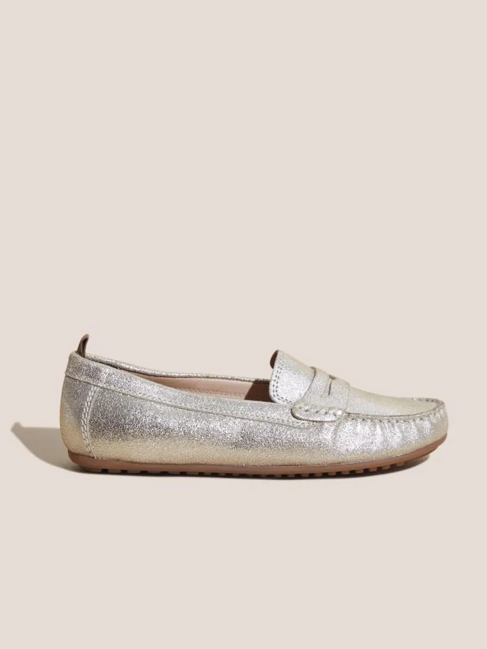 Women SHOES White Stuff Leather Driving Moccasin Gold Tone Metallic Women SHOES White Stuff Leather Driving Moccasin Gold Tone Metallic