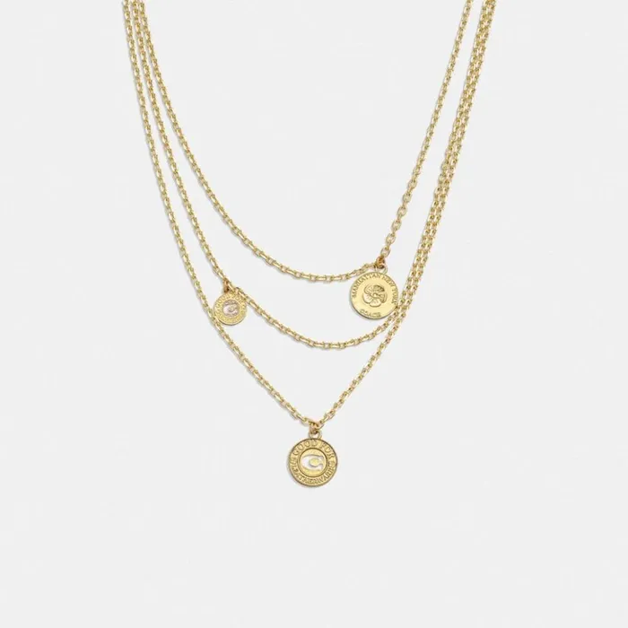 Women Signature Coin Layered Necklace Gold Coach Jewelry