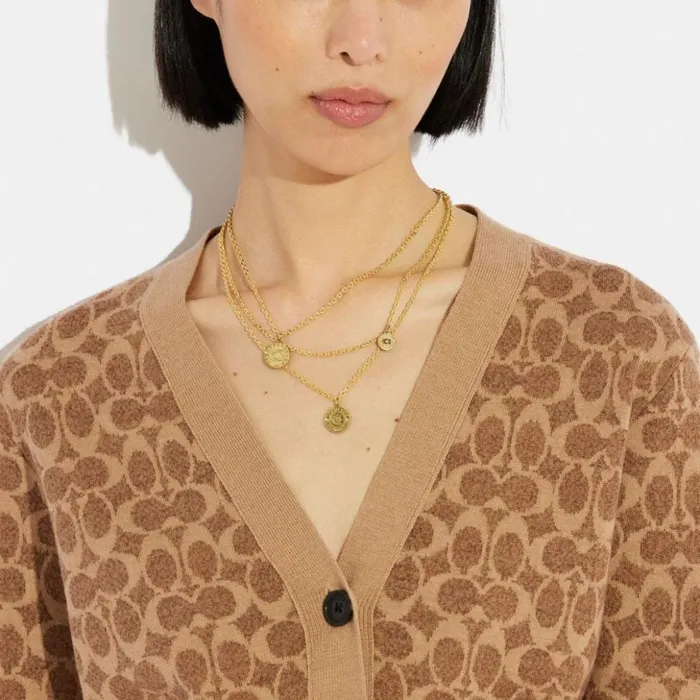 Women Signature Coin Layered Necklace Gold Coach Jewelry