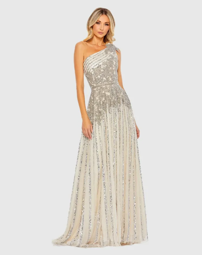 Women Silver Beaded Embellished One Shoulder A Line Gown Silver Nude Evening Gowns Mac Duggal