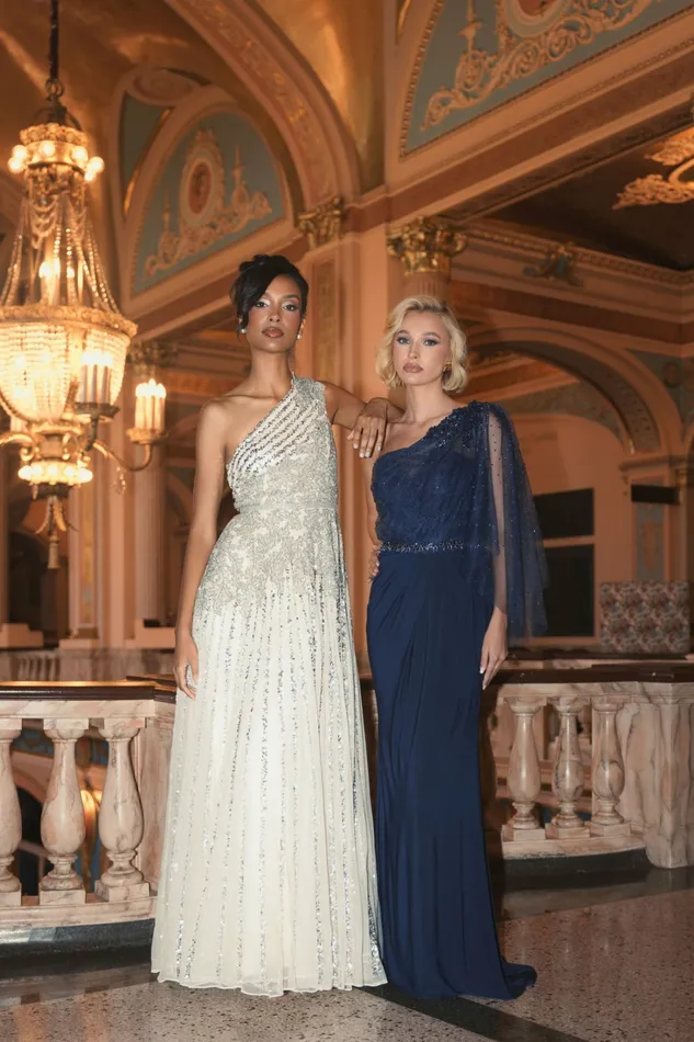 Women Silver Beaded Embellished One Shoulder A Line Gown Silver Nude Evening Gowns Mac Duggal
